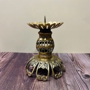 Vintage Ornate Brass Candle Holder Art Nouveau MCM Antique Lotus Floral Design